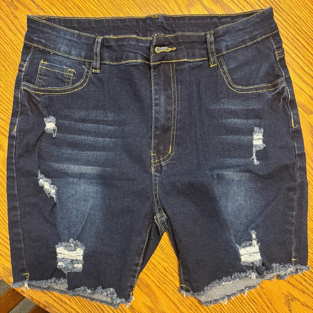 SHEIN Blue Distressed Jean Shorts with Raw Hem